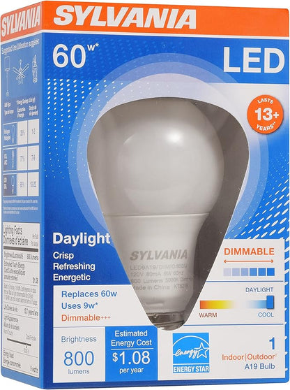 Sylvania A19 LED Light Bulb, 9W, 60W Equivalent, 13 Year, Dimmable, 800 Lumens, 5000K, Daylight - 1 Pack (78066)
