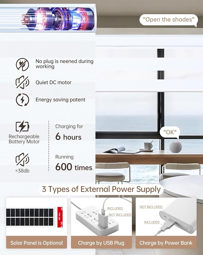 Kincmo Motorized Blinds with Remote, Motorized Zebra Shades Work with Apple Homekit,Alexa,Google Home, Customized Electric Blinds with Remote,App,Voice Control (100% Blackout Gentle White)