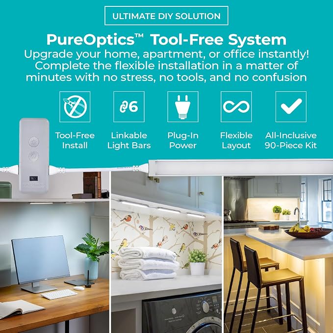 PureOptics LED Compatible with Alexa Smart Under Cabinet Lighting Kit, Adjustable LEDs, (6) 9" Bars, White (Pack of 12)