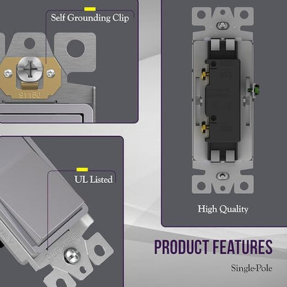 ENERLITES Elite Series Decorator Switch with Screwless Wall Plate, Paddle Light Switch, Single Pole, 3 Wire, Grounding Screw, Residential Grade, 15A 120V, UL Listed, 91150-SVWP, Silver