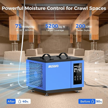 75 Pints Crawl Space Dehumidifier with Pump and Drain Hose, Commercial Dehumidifier for Basement up to 5,200 Sq. Ft for Water Damage, Attic, Garage, Industrial, Auto Defrost, Humidity Control