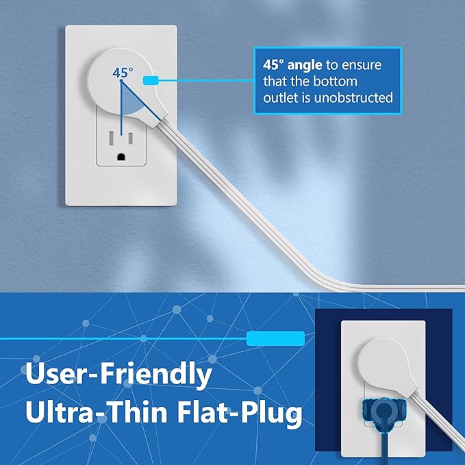 LIDER Outlet Extender with 4 Receptacles, USB Type-A and 2 USB Type-C, Ultra-Thin Flat-Plug, 4-Outlet Power Strip, 45 Degree Angle, Surge Protector, 1500 Joules, 5ft Cord, UL-Listed, White, 2 Pack