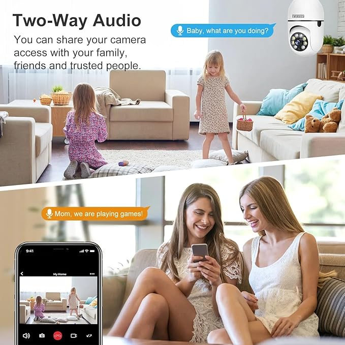 EVERSECU 4pack 1080P Wireless Light Bulb Security Camera, 2.4g & 5g WiFi, Auto Tracking, 2 Way Audio, Smart Night Vision, Support ONVIF & RTSP, Work with Alexa, SD Card & Cloud Storage, Free App