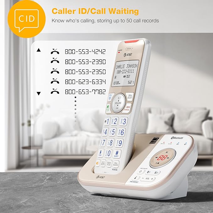 AT&T BL3112-3 3-Handset DECT 6.0 Cordless Phone for Home with Bluetooth Connect to Cell, Smart Call Blocker, Answering Machine, Caller ID, Expandable up to 5 Handsets, Champagne Gold/White
