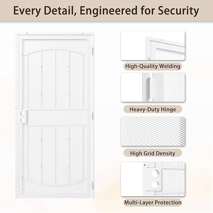 JUBEST 36" x 80" Steel Security Door, Universal/Reversible Outswing Security Screen Door, White Powder-Coated Surface Mount Frame with Expanded Metal Screen, Rust-Resistant, No Handles Included