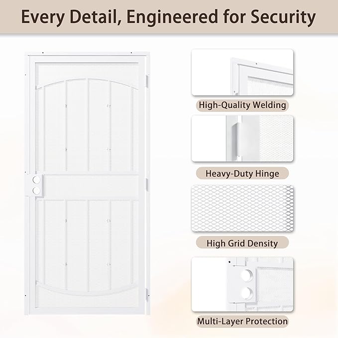 JUBEST 32" x 80" Steel Security Door, Universal/Reversible Outswing Security Screen Door, White Powder-Coated Surface Mount Frame with Expanded Metal Screen, Rust-Resistant, No Handles Included