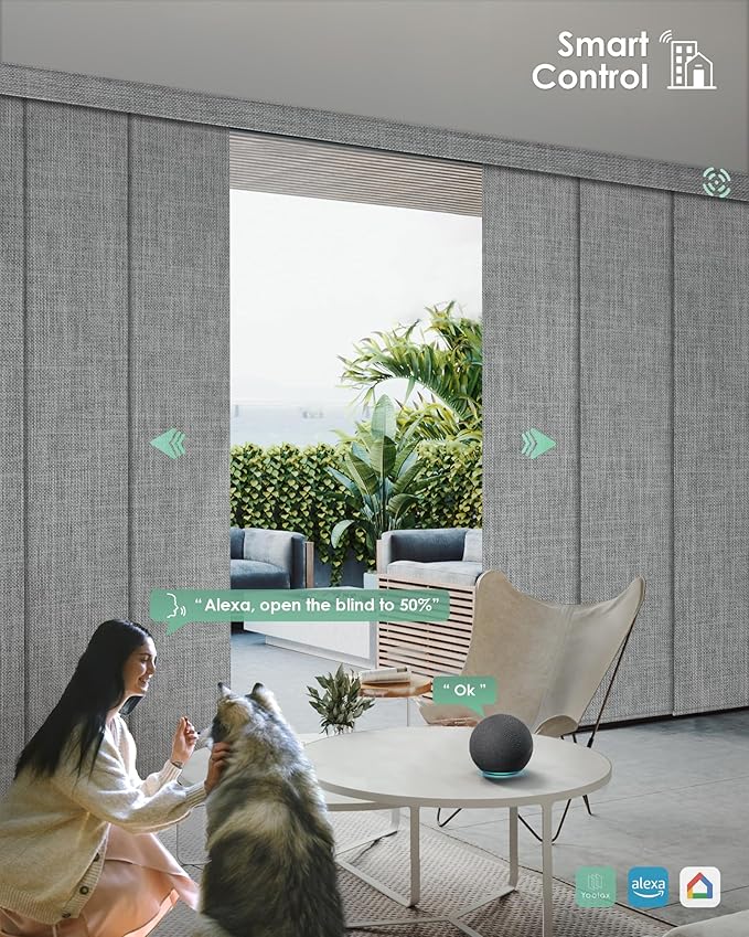 Yoolax Custom XL Smart Sliding Door Blinds, Motorized Sliding Panel Blinds Compatible with Alexa, Fabric Blackout Vertical Rechargeable Battery Shades for Glass Doors(Fabric-Smoky Grey)