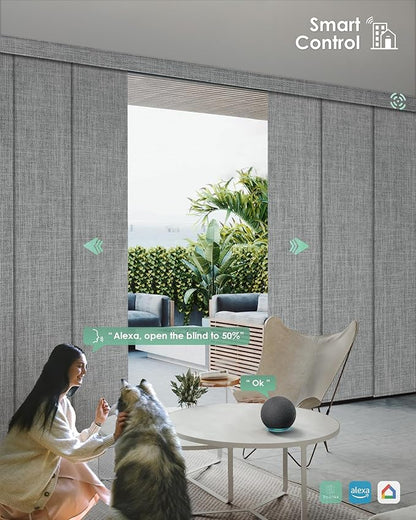 Yoolax Custom XL Smart Sliding Door Blinds, Motorized Sliding Panel Blinds Compatible with Alexa, Fabric Blackout Vertical Rechargeable Battery Shades for Glass Doors(Fabric-Smoky Grey)