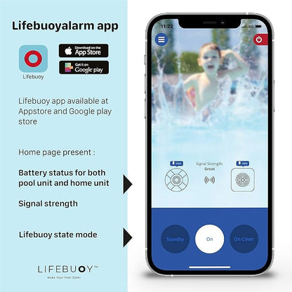 Lifebuoy Pool Alarm System - Pool Motion Sensor with Advanced Algorithm - Smart Pool Alarm That is Application Controlled. Powerful Sirens Blare at Poolside and Indoors