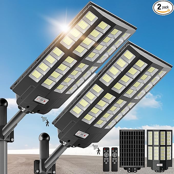 OKPRO 9000W Solar Street Lights Outdoor, IP66 Waterproof Commercial Solar Powered Flood Light with Motion Sensor & Remote, Dusk to Dawn Security Lighting for Yard, Farm, Parking Lot, Garage (2Pack)
