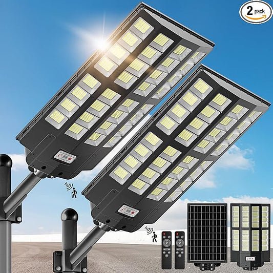 OKPRO 9000W Solar Street Lights Outdoor, IP66 Waterproof Commercial Solar Powered Flood Light with Motion Sensor & Remote, Dusk to Dawn Security Lighting for Yard, Farm, Parking Lot, Garage (2Pack)