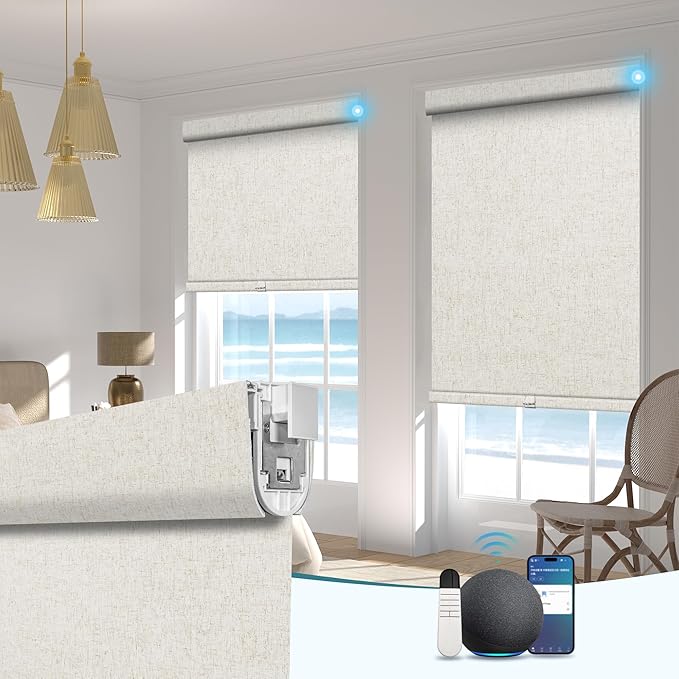 BERISSA Smart Motorized Blinds with Remote,No Drill Automatic Roller Blinds for Indoor Windows,Blackout Linen Fabric,Electric Shades for Windows Home Office,Beige White,Custom Size