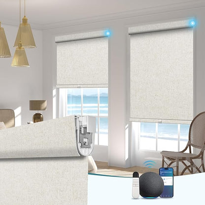 BERISSA Smart Motorized Blinds with Remote,No Drill Automatic Roller Blinds for Indoor Windows,Blackout Linen Fabric,Electric Shades for Windows Home Office,Beige White,Custom Size