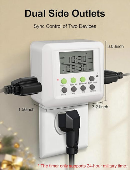 NOVKIT 2 x 3-in-1 Dual Outlet Timer Plug with Interval Cycle for Indoor, 7 Day 24 Hour Programmable Digital Repeat Timer Switch (15A, 1875W)