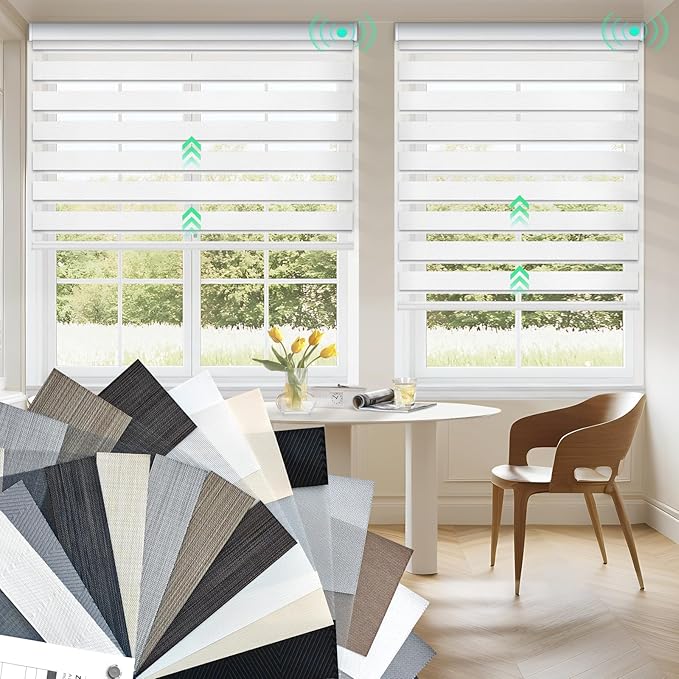HeyBlinds Motorized Zebra Shades for Indoor Windows, Roller Shades with Customized Size, Electric Cordless Blinds Compatible with Alexa Google Home and Apple Home (Zebra Blinds Fabric Samples)