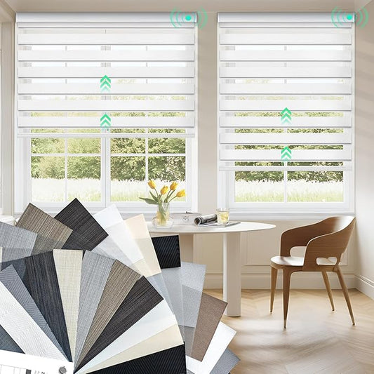 HeyBlinds Motorized Zebra Shades for Indoor Windows, Roller Shades with Customized Size, Electric Cordless Blinds Compatible with Alexa Google Home and Apple Home (Zebra Blinds Fabric Samples)