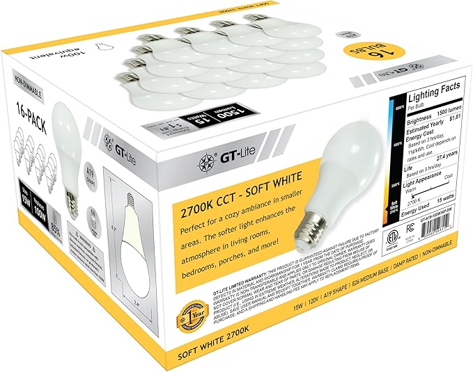 GT-Lite 16 Pack Soft White LED Light Bulbs,100 watt Equivalent,15 watt 1500LM 2700K, A19 Shape, E26 Medium Base, Standard Household Lightbulb for Lamps, Living Room, bedrooms