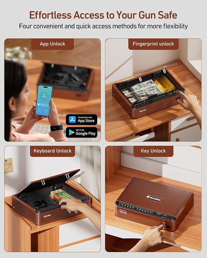 BILLCONCH Smart Gun Safe with Fingerprint, App, Keypad,LCD& Security Cable | Handgun Safe with 4 Quick-Access Methods, Voice Guidance, Built-in LED Light, Ideal for Nightstand, Bedside and Home - Brown