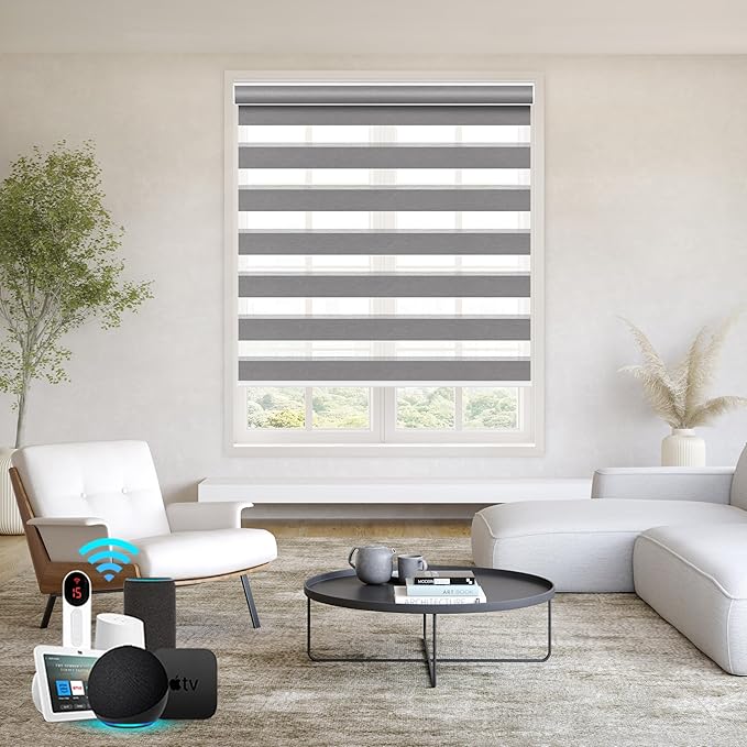 Bringnox Smart Motorized Zebra Roller Blinds - 85% Blackout, Remote Control, Works with HomeKit, Google Home & Alexa via Hub, Custom Size (85% Blackout Grey-35)