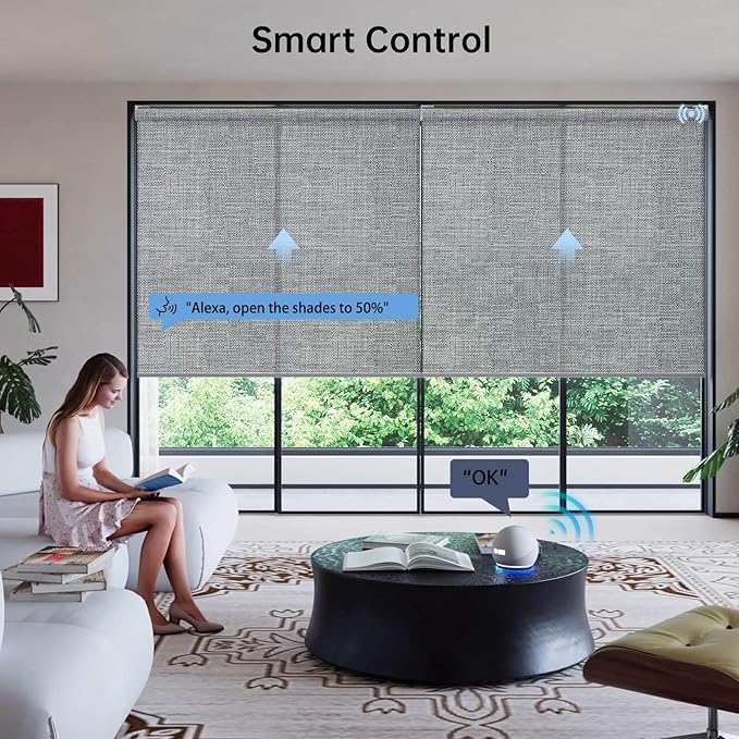 Motorized Coupled Shades, Light Filtering Smart Blinds for Large Windows Automatic Blinds Compatible with Alexa, Electric Roller Shades Customized for Living Room Home Office(Smoky Grey)
