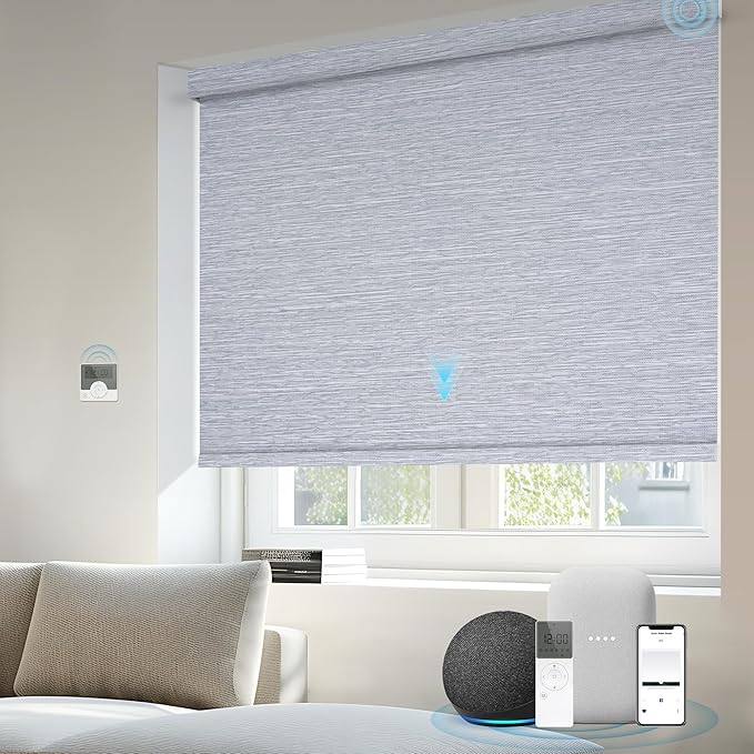 Motorized Blinds Compatible with Alexa Google Custom to 108" Width 100% Blackout Smart Blind Automatic Large Window Roller Shades Remote Control Striped Grey