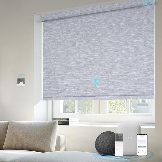 Motorized Blinds Compatible with Alexa Google Custom to 108" Width 100% Blackout Smart Blind Automatic Large Window Roller Shades Remote Control Striped Grey