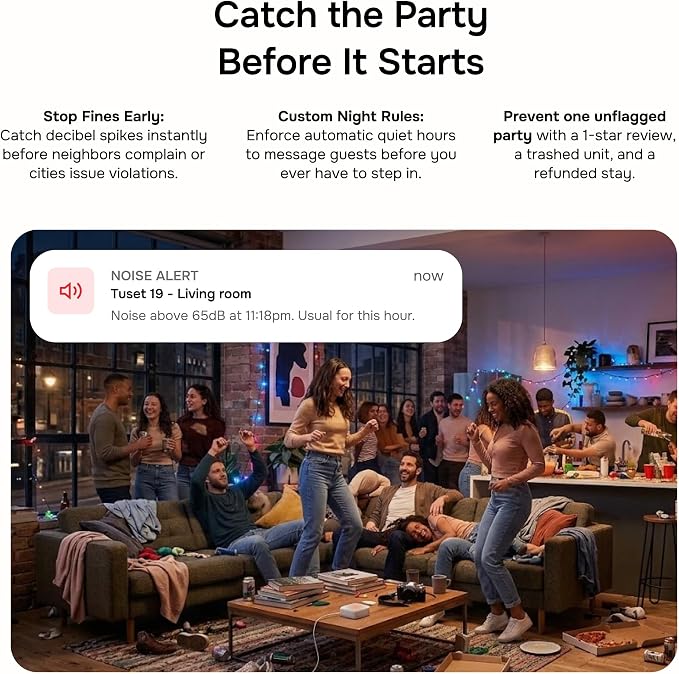 Layla Noise Monitor for Airbnb & Vacation Rentals | AI Occupancy & Noise Sensor, Party Detector, Instant Alerts & Quiet Hours | Privacy-Safe | Pay Once, No Subscription