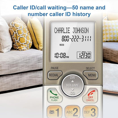 AT&T EL52213 2-Handset Cordless Phone with Digital Answering System, Extra-Large Backlit Keys, Caller ID/Call Waiting, DECT 6.0, Expandable, Speakerphone – Light Champagne