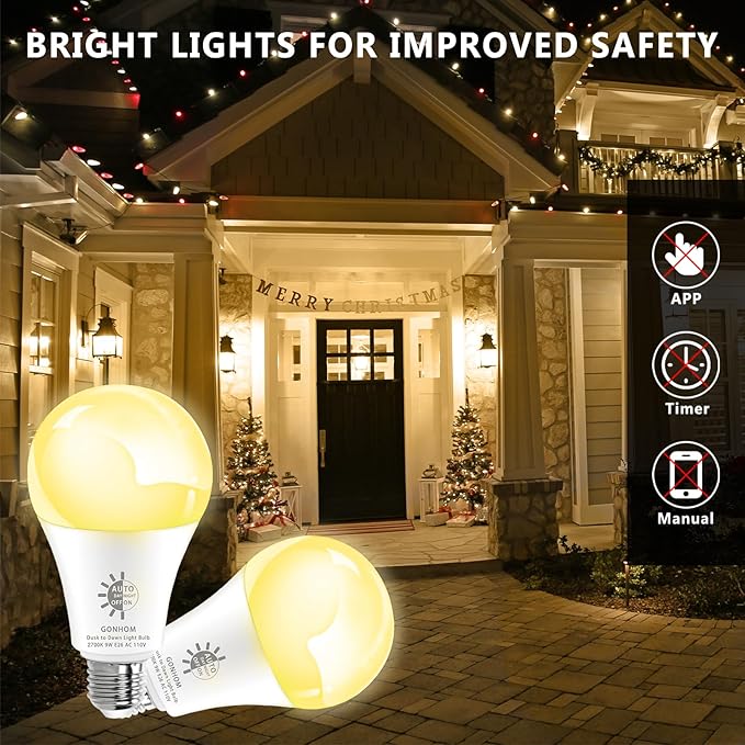Gonhom 2 Pack Dusk to Dawn Light Bulbs Outdoor, 2700K Warm White, 720LM, 9W(60W Equivalent) A19 E26 Automatic On/Off LED Sensor Light Bulbs, Dusk to Dawn Outdoor Lighting for Porch Garage Patio