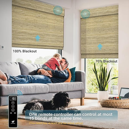 SmartWings Motorized Wood Blinds Smart Wooven Shades Blackout/Light fitlering for Windows, with Remote for Bedroom Living Room, Work with Matter Zigbee Alexa Z-Wave Google Home, Customized, Ramie 390