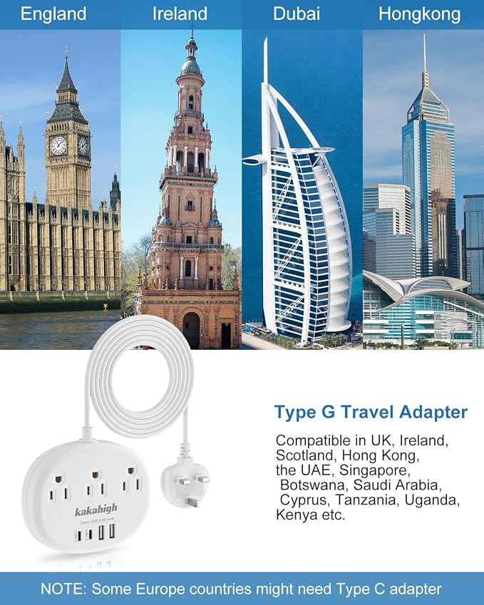 UK Adapters for Travel(13A), 3FT UK Power Strip