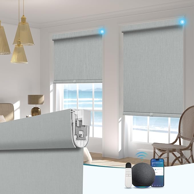 BERISSA Smart Motorized Blinds with Remote,No Drill Automatic Roller Blinds for Indoor Windows,Blackout Linen Fabric,Electric Shades for Windows Home Office,Double-Sided Light Grey,Custom Size