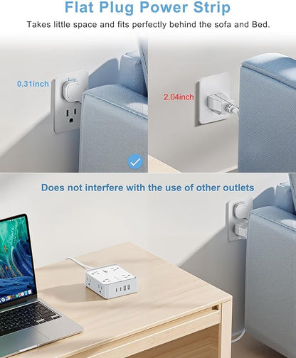 Flat Plug Extension Cord, 12-in-1 Extension Cord with USB Ports with 5Ft Extension Cord, Flat Outlet Extender with 8 AC Outlets 2 USB-A and 2 USB-C, Flat Wall for Desktop Home Office