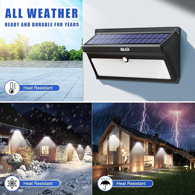 BAXIA TECHNOLOGY Solar Lights Outdoor, Wireless 100 LED Solar Motion Sensor Lights Waterproof Security Wall Lighting Outside for Front Door, Backyard, Steps, Garage, Garden (2000LM, 4PACK)