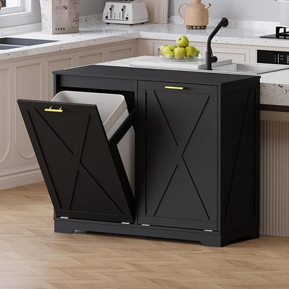 Double Tilt Out Trash Can Cabinet, Wooden Farmhouse Kitchen Garbage Bin Enclosure with Negative Ion Odor Control, Hidden Dog Proof Trash or Laundry Basket Storage for Laundry Room, Black