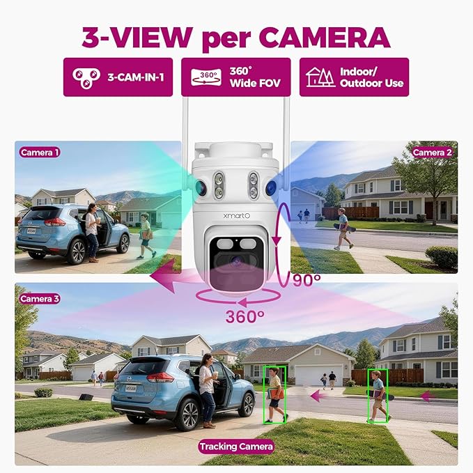 XMARTO 6MP Tri-Lens 4-Cam 1TB WiFi Mesh Security Camera System,16CH 4K H.265 WiFi-Inside NVR,360°PTZ AI Tracking,3-View/Cam,Long Range Wireless,Plug-in 24/7 Home Surveillance,Local & Mobile View