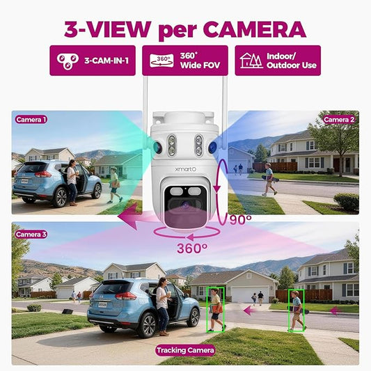XMARTO 6MP Tri-Lens 4-Cam 500GB WiFi Mesh Security Camera System,16CH 4K H.265 WiFi-Inside NVR,360°PTZ AI Tracking,3-View/Cam,Long Range Wireless,Plug-in 24/7 Home Surveillance,Local & Mobile View