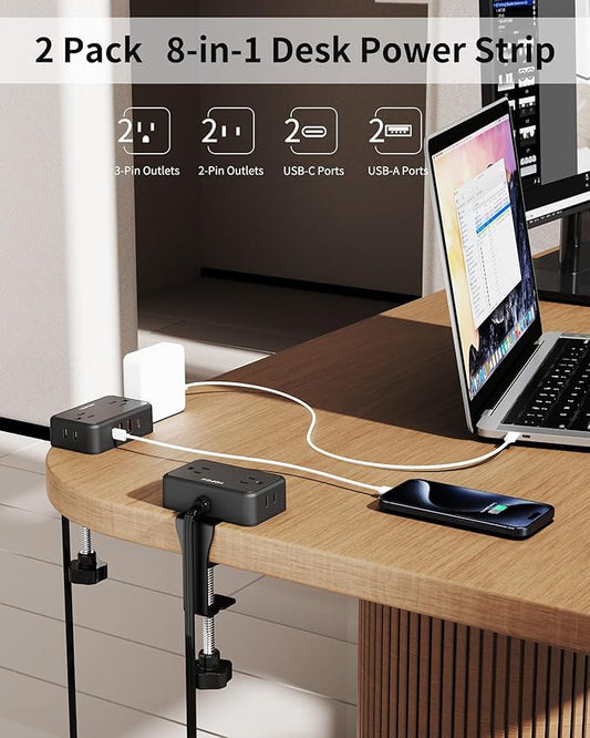 HOPOW Desk Clamp Power Strip, 2 Pack Desktop Mount Charging Station with 4 Outlets 4 USB Ports (2 USB C), 10Ft Under Desk Power Strip, Fits 2.75" Tabletop Edge, Extension Cord for Home Office, Black