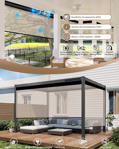 Kincmo Motorized Outdoor Shades for Patio Porch, Custom Outdoor Motorized Blinds with Remote, Waterproof & Windproof Patio Shades Work with Apple Homekit,Alexa,Google (5% Openness Beige)