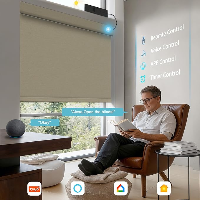 BERISSA Smart Motorized Blinds with Remote,No Drill Automatic Roller Blinds for Indoor Windows,Blackout Linen Fabric,Electric Shades for Windows Home Office,Beige,Custom Size