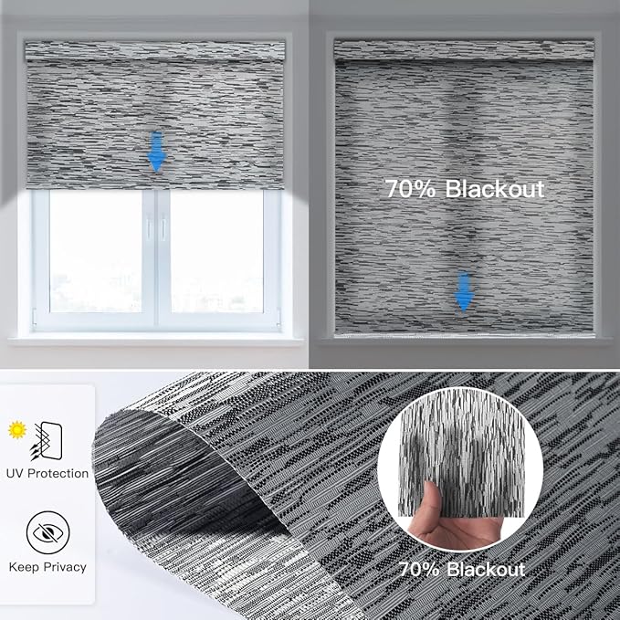 Tokblind Motorized Light Filtering Roller Shade Fabric Covered Valance and Bottom Rod, Remote Control Window Blind Compatible with Alexa via Hub, Custom Size (Texture Black Grey - Wrapped Fabric)