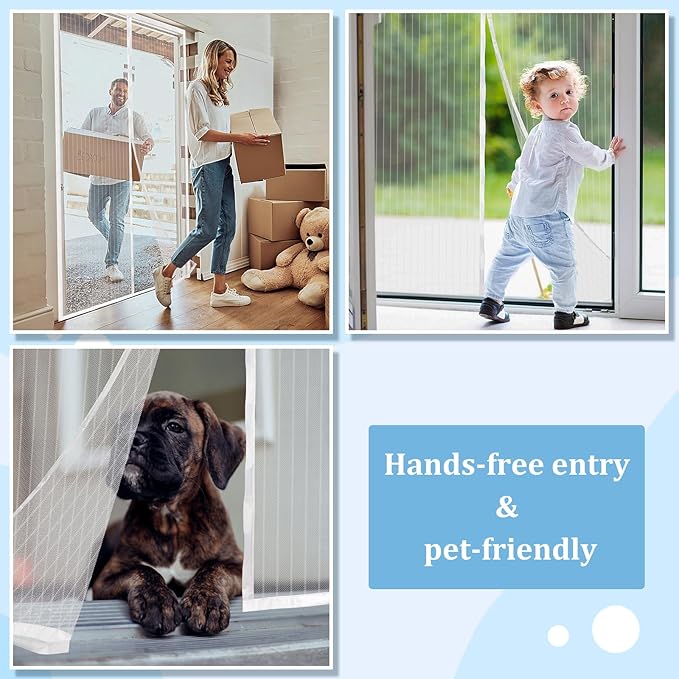 Magnetic Screen Door - Self Sealing, Heavy Duty, Hands Free Mesh Partition Keeps Bugs Out Let Breeze in- Pet and Kid Friendly - Keep Open Feature (White, Fit Door Size 32 x 80 Inch)