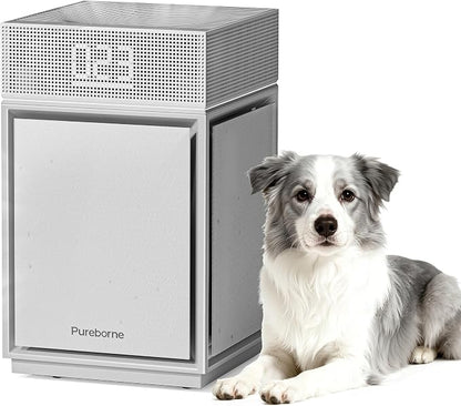 Air Purifiers for Smoke Up to 3600 Ft², Pureborne HEPA Air Purifiers for Home Large Room with PM 2.5 Sensor for Wildfire Smoke Odor Fur, Three-Sided Air Inlet, Auto Mode, Sleep Mode, Beige, 1 Pack