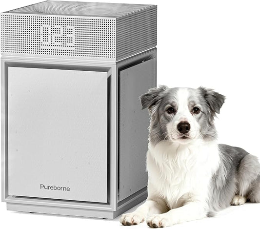 Air Purifiers for Smoke Up to 3600 Ft², Pureborne HEPA Air Purifiers for Home Large Room with PM 2.5 Sensor for Wildfire Smoke Odor Fur, Three-Sided Air Inlet, Auto Mode, Sleep Mode, Beige, 1 Pack