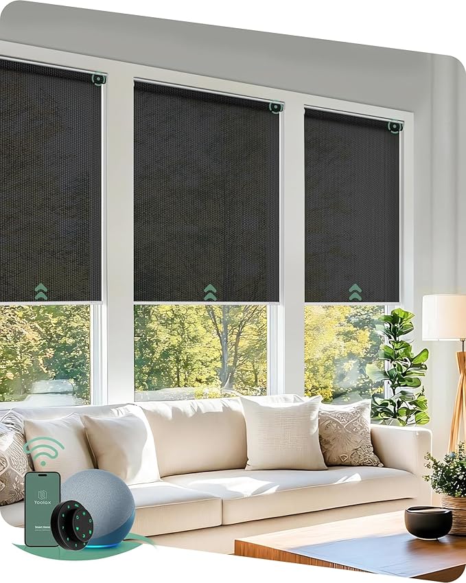 Yoolax Motorized Blinds with Remote, Flame Resistat mart Roller Shades Work with Alexa, Google, Apple Homekit, Custom Automatic Shades with Voice Control for Living Room (5% Openness Black)