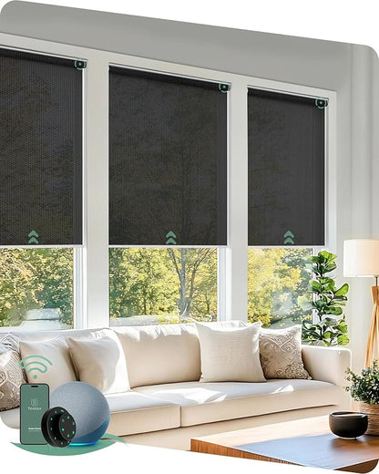 Yoolax Motorized Blinds with Remote, Flame Resistat mart Roller Shades Work with Alexa, Google, Apple Homekit, Custom Automatic Shades with Voice Control for Living Room (5% Openness Black)