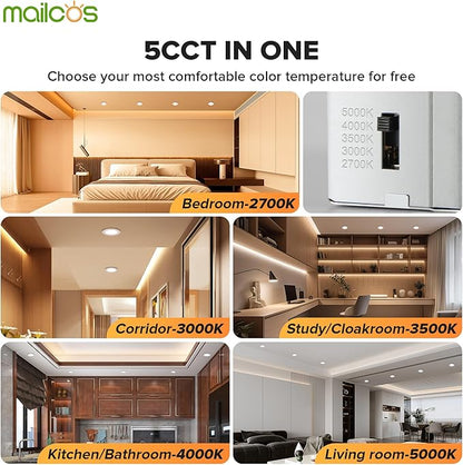 MAILCOS 12 Pack 4 Inch 5CCT LED Recessed Ceiling Light with Night Light, 2700K-5000K Selectable, Ultra-Thin Lighting, 9W 810LM, Dimmable Canless Wafer Downlight ETL Certificated