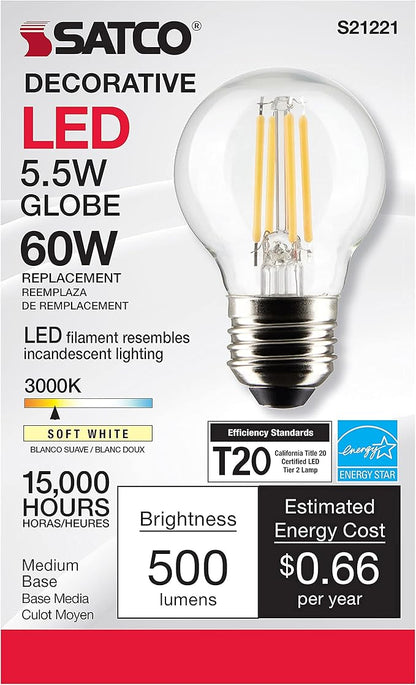 Satco 21221-5.5G16.5/LED/CL/930/120V/E26 G16 Globe LED Light Bulb