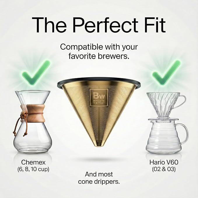 Barista Warrior Reusable Coffee Filter - Stainless Steel Pour Over Dripper, Compatible for Chemex, Hario V60 & Drippers, Easy to Clean Flavorful Brew Fine Mesh Coffee Filter - Gold