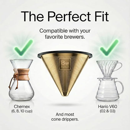 Barista Warrior Reusable Coffee Filter - Stainless Steel Pour Over Dripper, Compatible for Chemex, Hario V60 & Drippers, Easy to Clean Flavorful Brew Fine Mesh Coffee Filter - Gold